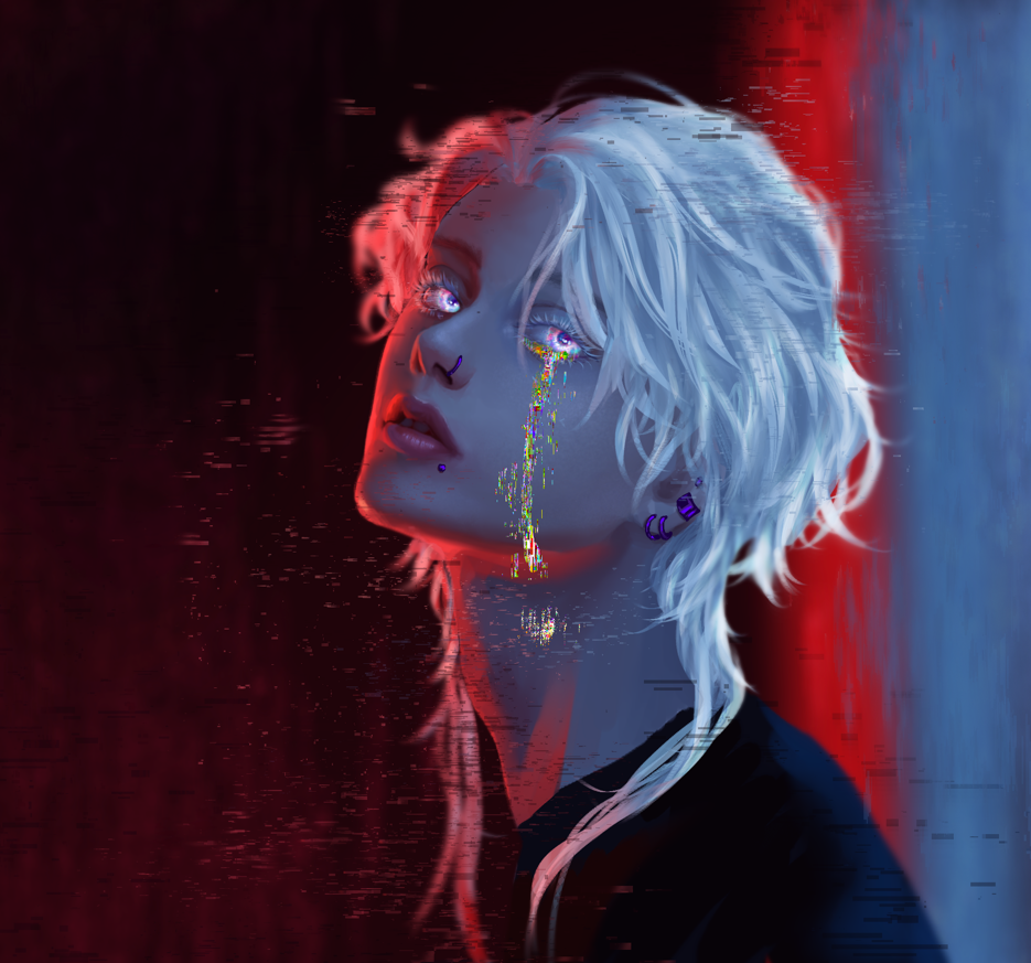 An illustrated portrait of an androgynous man with white hair in a wolf cut, with multiple piercings, wearing a black shirt, in red and desaturated blue lighting. There are faint glitches surrounding him and he is crying a stream of glitches as well.